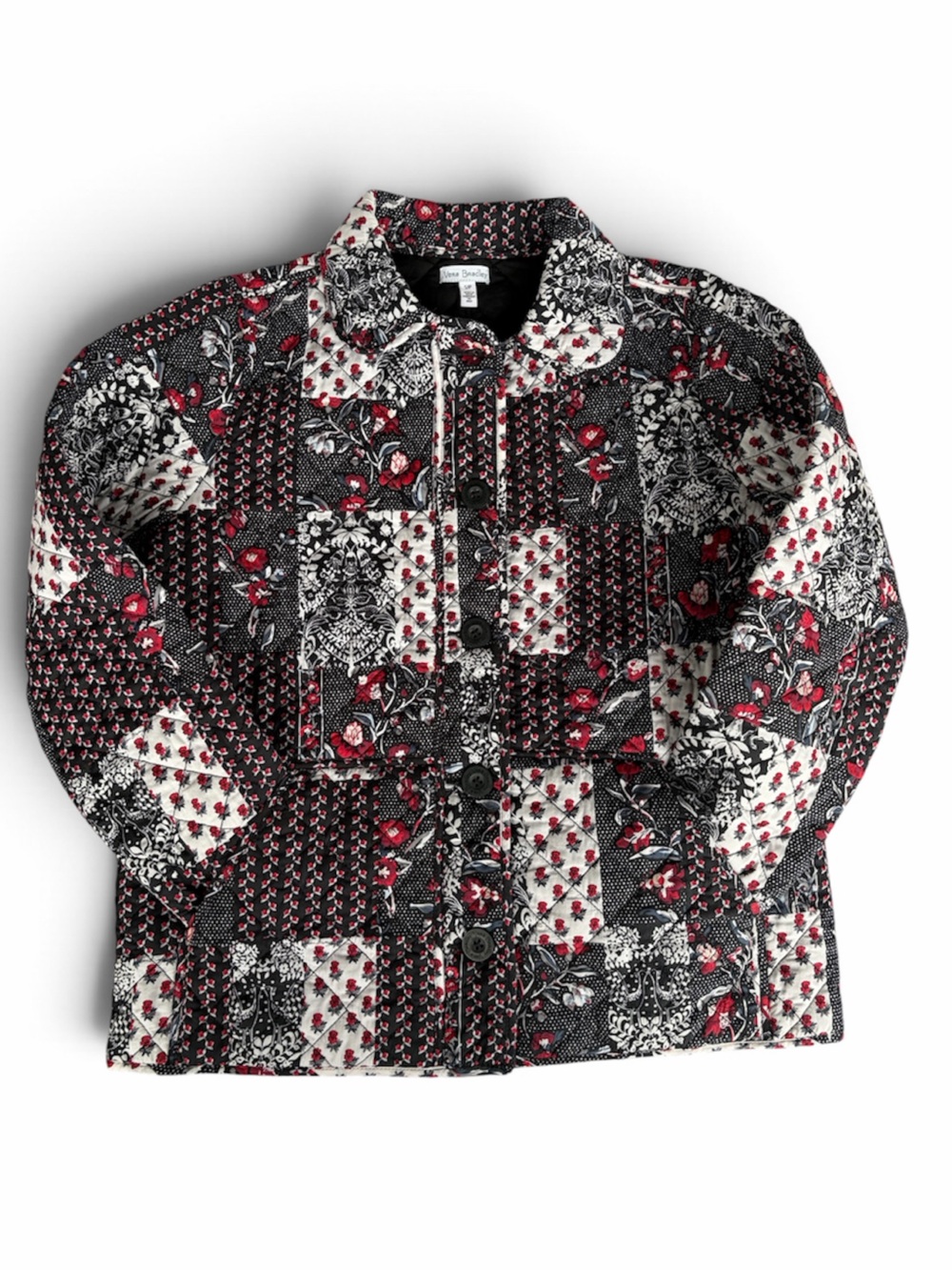 Vera Bradley Wonens Black, White & Red Patchwork Floral Button-Down Shirt Jacket
